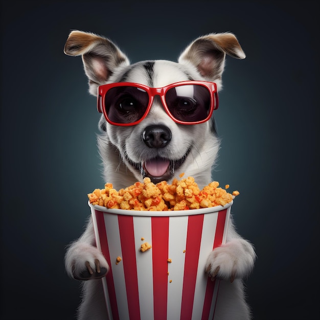 Een hond die een zonnebril draagt en popcorn eet voor een donkere achtergrond