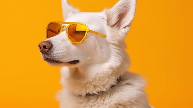 Een hond die een zonnebril draagt tegen een gele achtergrond