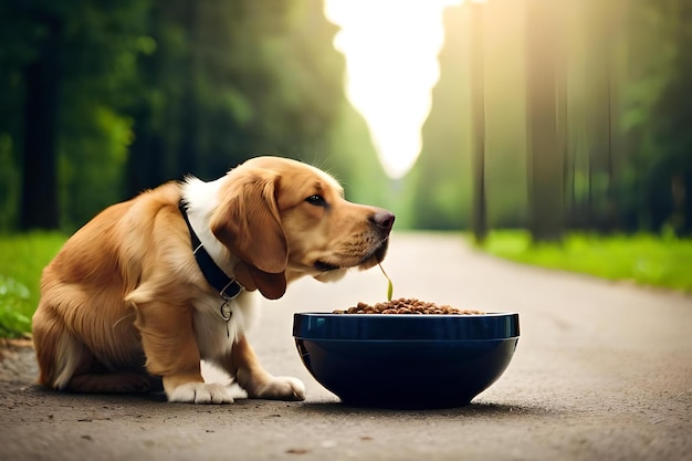 Een hond die eten uit een kom eet