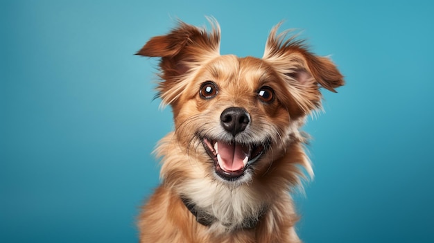 een hond die glimlacht op een blauwe achtergrond