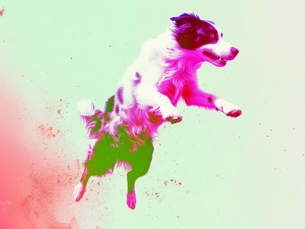 Een hond die in de lucht springt met een kleurrijke achtergrond