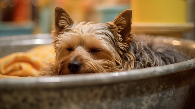 een hond die in een badkuip slaapt met zijn ogen dicht.