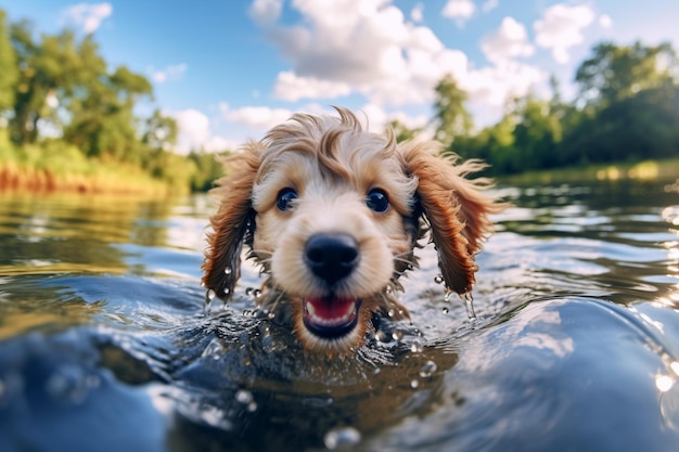 Een hond die in een meer zwemt