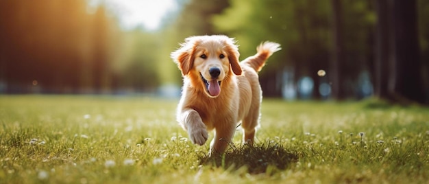 een hond die in een veld loopt met het woord hond aan de voorkant