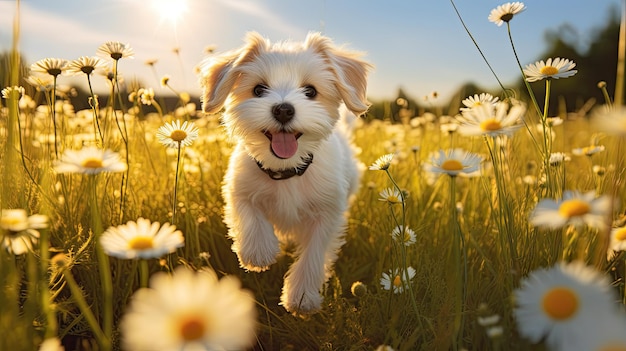 een hond die in een veld met madeliefjes rent.