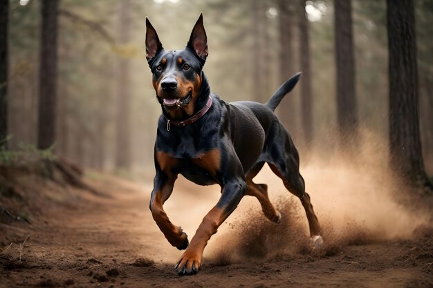 een hond die in het bos loopt met een rode kraag