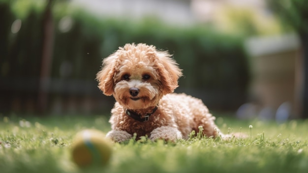 Een hond die in het gras ligt met een bal in zijn bek