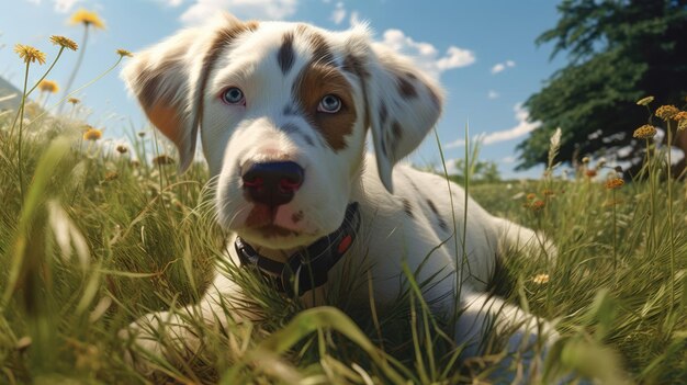 Een hond die in het gras ligt met een blauwe hemel op de achtergrond