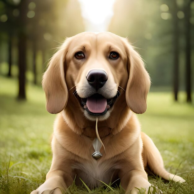 Een hond die in het gras ligt met een tag waarop golden retriever staat.