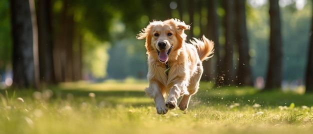 een hond die in het gras loopt met een wazige achtergrond