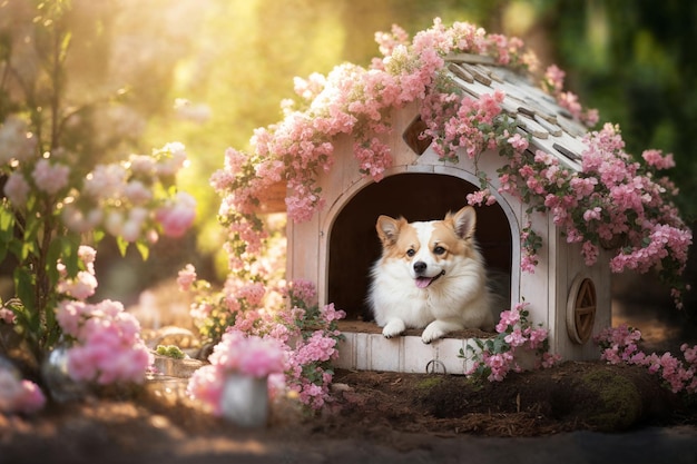 Een hond die in het voorjaar in een met bloemen versierd hondenhuis ligt