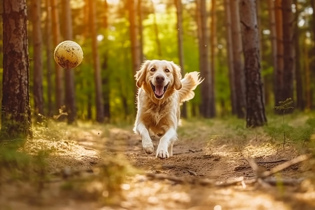 Een hond die met een bal door het bos rent