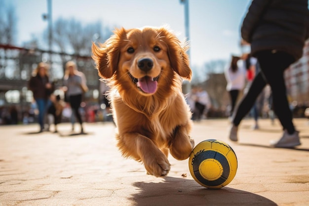 Een hond die met een bal speelt in een park.