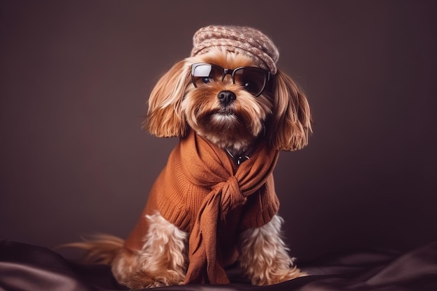 Een hond die modekleding en accessoire Ai generatief draagt