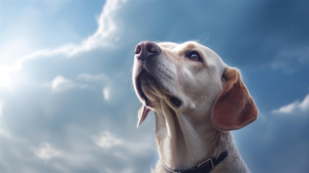 Een hond die omhoog kijkt met de lucht op de achtergrond