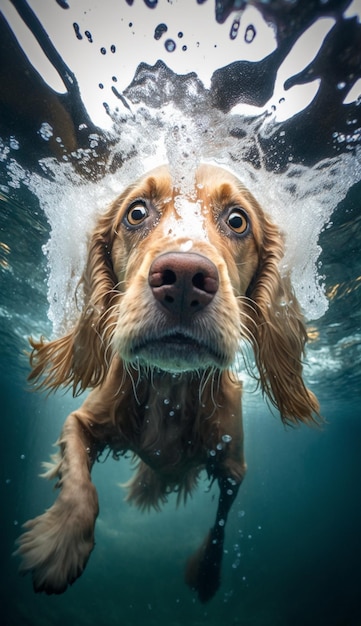 Een hond die onder water zwemt met de woorden "hond" op de bodem.