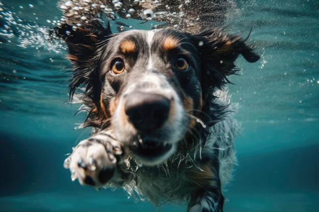 Een hond die onder water zwemt met onderaan het woord hond Generatieve AI