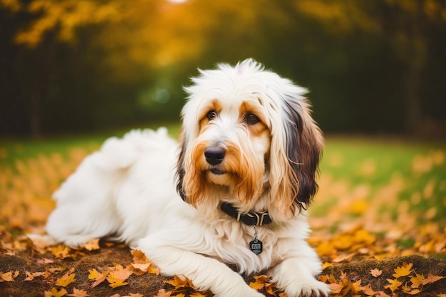 Een hond die op de grond ligt in een park met bladeren op de grond