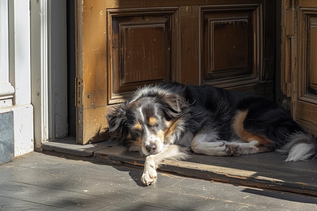 Een hond die op de grond ligt voor een deur