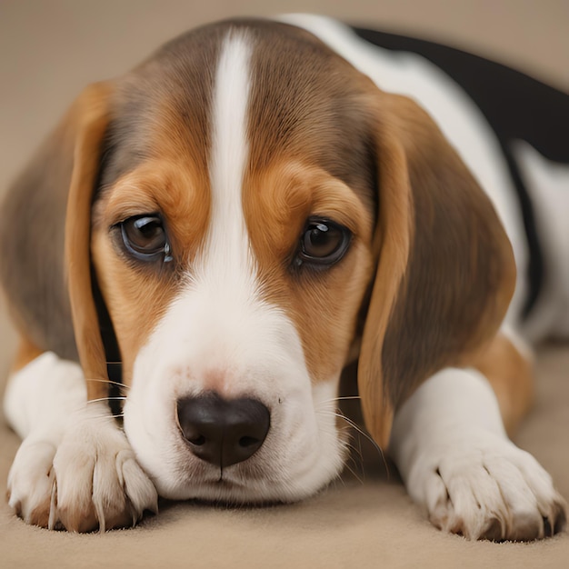 een hond die op de vloer ligt met zijn poten gekruist