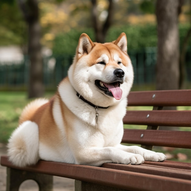 Een hond die op een bankje zit met zijn tong uit.