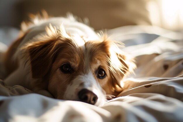 Een hond die op een bed ligt met een wit laken Generatieve AI