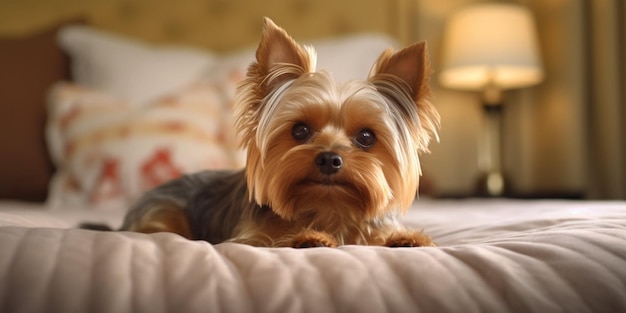 Een hond die op een bed ligt met zijn kop op het bed