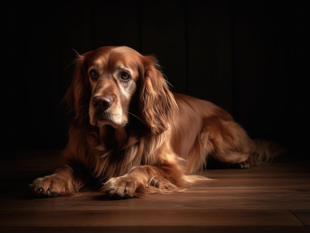 Een hond die op een generatieve ai van een houten vloer ligt