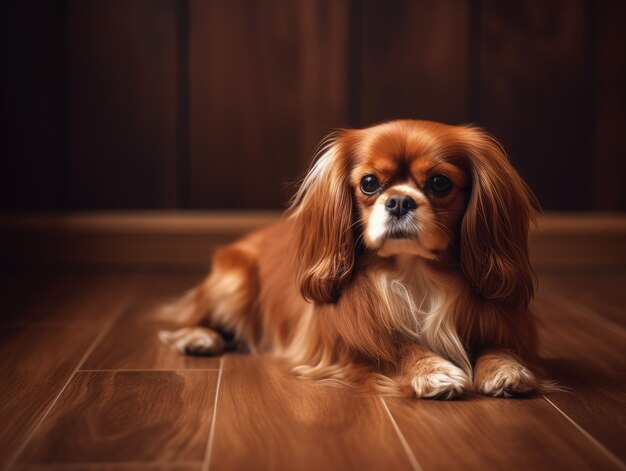 Een hond die op een generatieve ai van een houten vloer ligt