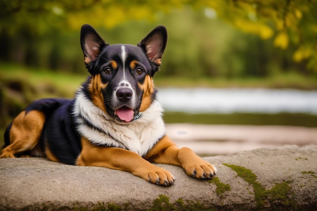 Een hond die op een rots in een park ligt