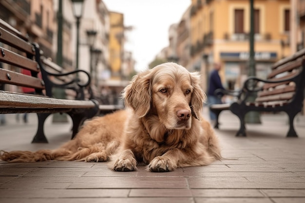 Een hond die op een stoep in een stad ligt