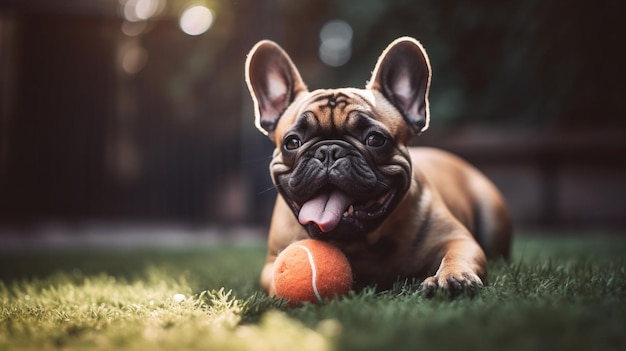 Een hond die op het gras ligt met een tennisbal in zijn bek.