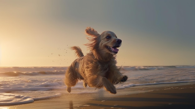 Een hond die op het strand rent met de ondergaande zon achter zich