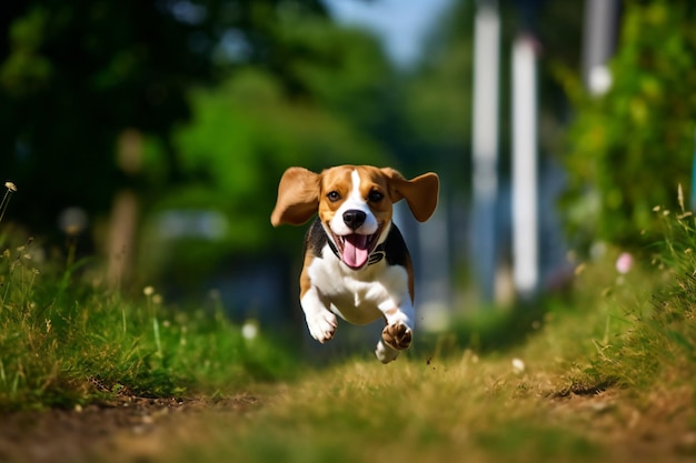 een hond die over een pad door het gras rent