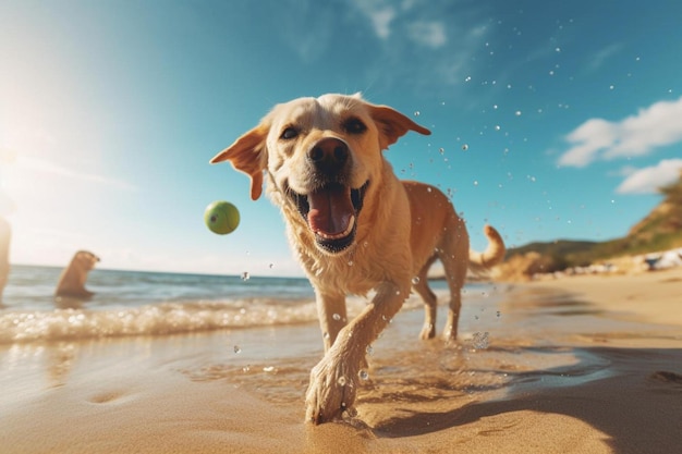 een hond die over het strand rent met een bal in het water.