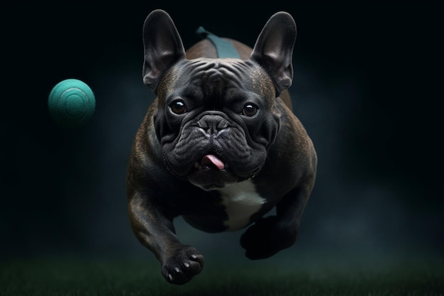 Een hond die rent met een groene bal op de achtergrond