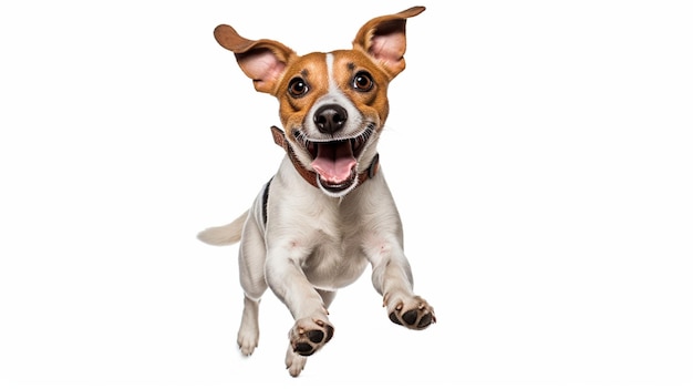 Een hond die rent met zijn bek open en een grote glimlach op zijn gezicht.