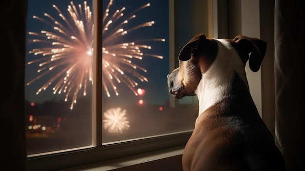 Een hond die uit een raam naar vuurwerk kijkt