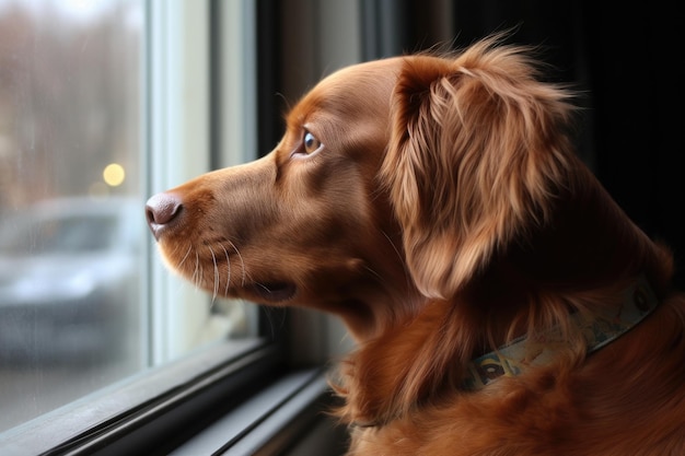 Een hond die uit het raam kijkt en kijkt naar de wereld die voorbijgaat, gemaakt met generatieve AI.