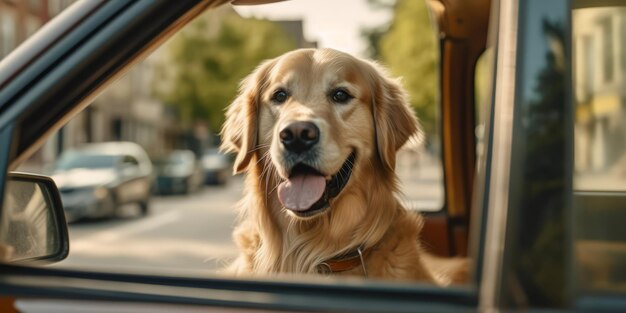 Een hond die uit het raam van de auto kijkt