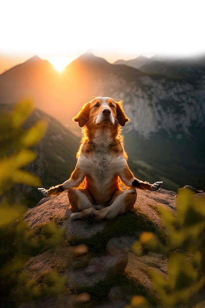 Foto een hond die yoga doet op de berg generatieve ai illustratie