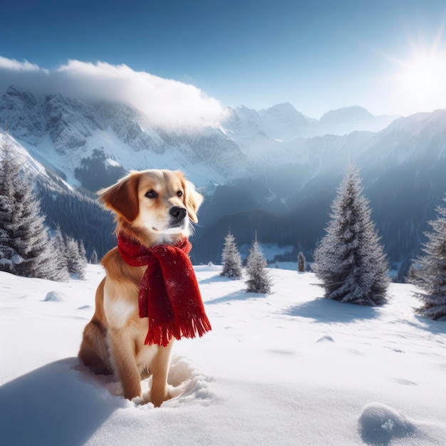 Een hond draagt een rode sjaal en staat in de bergen in de sneeuw.