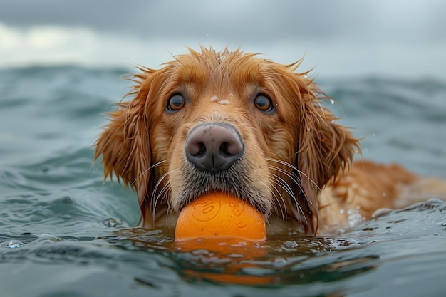 Foto een hond drijft op het water met een bal.