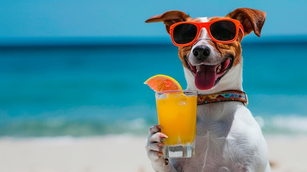 Een hond drinkt een cocktail op het strand met een zonnebril.