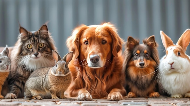 Een hond een kat een konijn een proefkonijn een chinchilla en een iguana zitten in een rij en kijken naar de camera