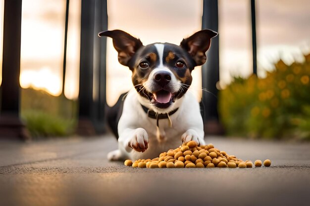 Foto een hond eet pinda's van een stapel pinda.