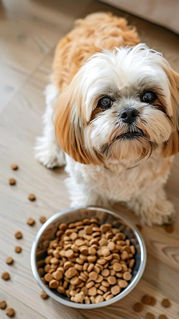 een hond eet uit een kom met hondenvoedsel