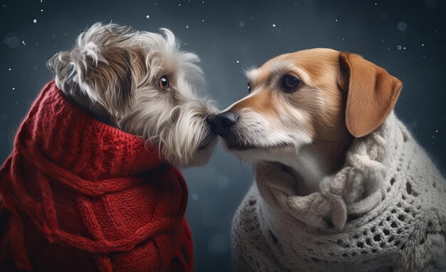 een hond en een hond in een rode trui kussen elkaar