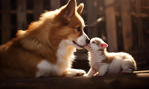 een hond en een hond kijken naar elkaar en de ene likt de andere