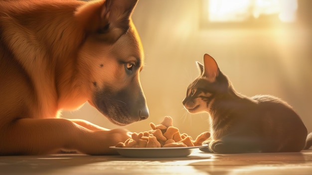 Foto een hond en een kat eten samen van een gedeeld bord